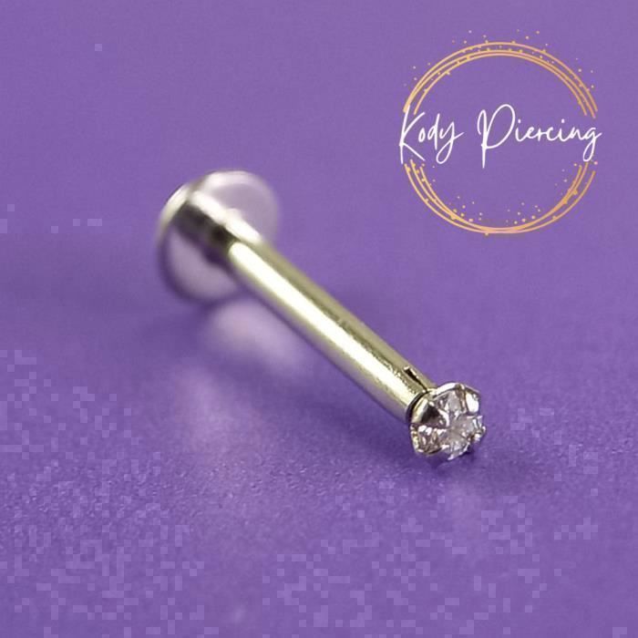 KODY PIERCING Labret Or Blanc Creux 14 Carats - Diamant de Laboratoire Serti 1,5 mm - Style Affirmé et Confort Maximal