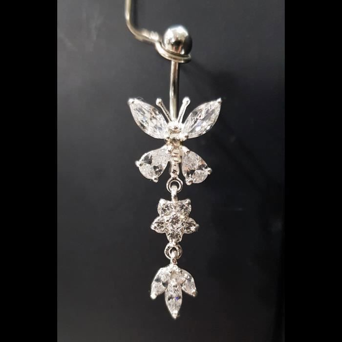 KODY PIERCING Nombril Papillon Pendant Cristaux Blancs Argent 925 - Élégance Poétique et Légèreté Absolue