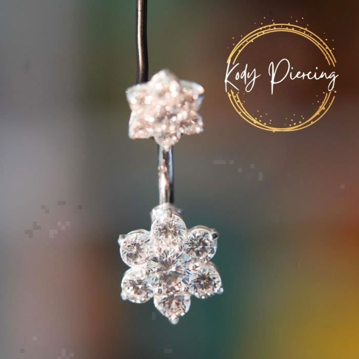 KODY PIERCING Piercing Nombril Double Fleur Argent 925 Blanc Cristal Tige 10 mm - Pureté Cristalline et Grâce Souveraine