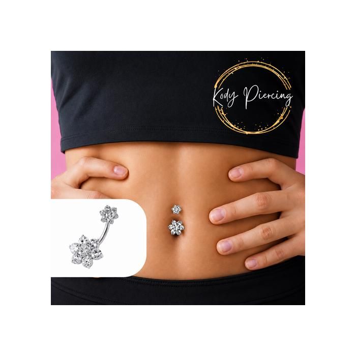 KODY PIERCING Piercing Nombril Double Fleur Argent 925 Blanc Cristal Tige 10 mm - Pureté Cristalline et Grâce Souveraine