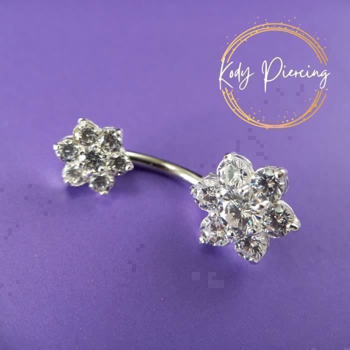 KODY PIERCING Piercing Nombril Double Fleur Argent 925 Blanc Cristal Tige 10 mm - Pureté Cristalline et Grâce Souveraine