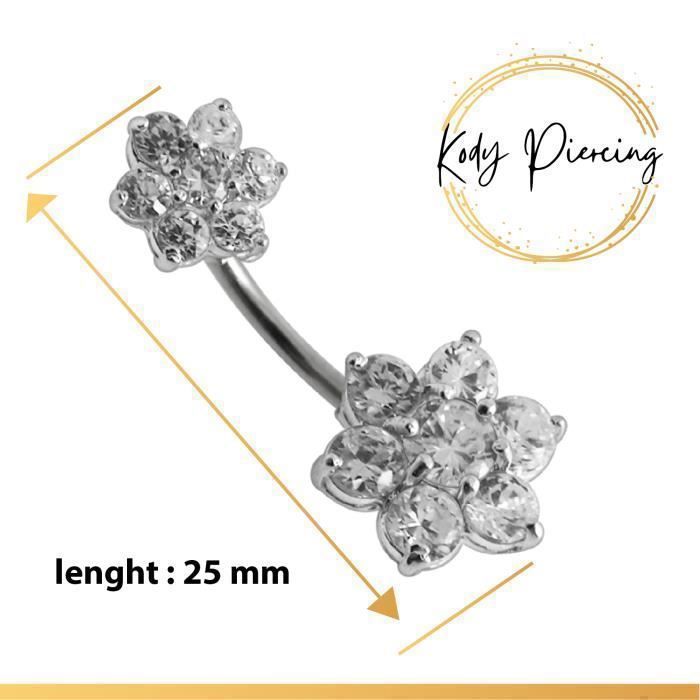 KODY PIERCING Piercing Nombril Double Fleur Argent 925 Blanc Cristal Tige 10 mm - Pureté Cristalline et Grâce Souveraine