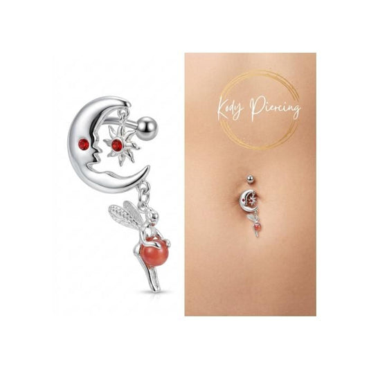 KODY PIERCING Piercing Nombril Inversé Argent 925 Fée Lune Cristal Rouge Serti - Élégance Poétique et Légèreté Absolue