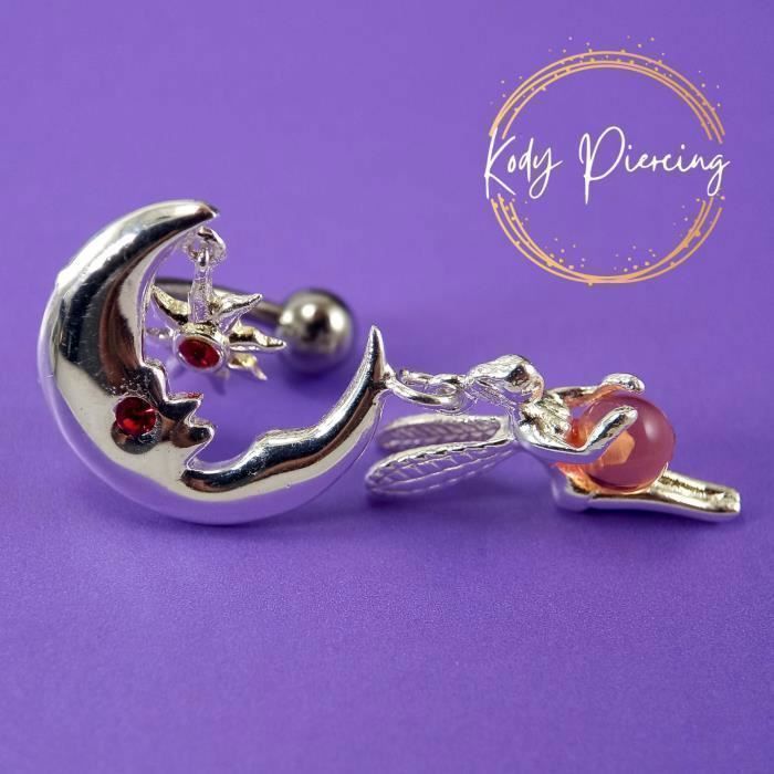 KODY PIERCING Piercing Nombril Inversé Argent 925 Fée Lune Cristal Rouge Serti - Élégance Poétique et Légèreté Absolue