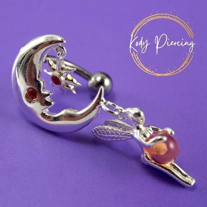 KODY PIERCING Piercing Nombril Inversé Argent 925 Fée Lune Cristal Rouge Serti - Élégance Poétique et Légèreté Absolue