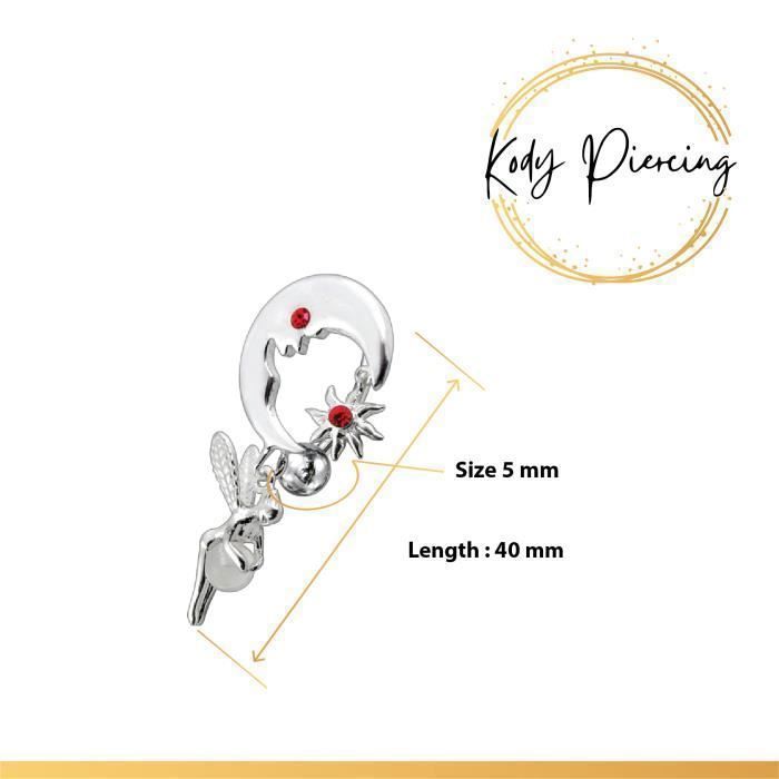 KODY PIERCING Piercing Nombril Inversé Argent 925 Fée Lune Cristal Rouge Serti - Élégance Poétique et Légèreté Absolue