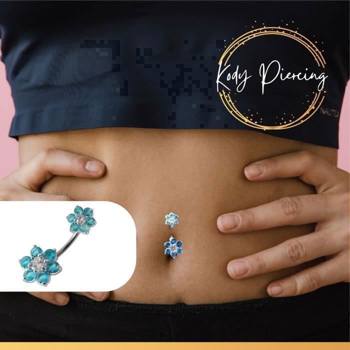 KODY PIERCING Piercing Nombril Double Fleur Argent 925 Bleu Turquoise Tige 10 mm - Raffinement Bohème et Éclat Intempore