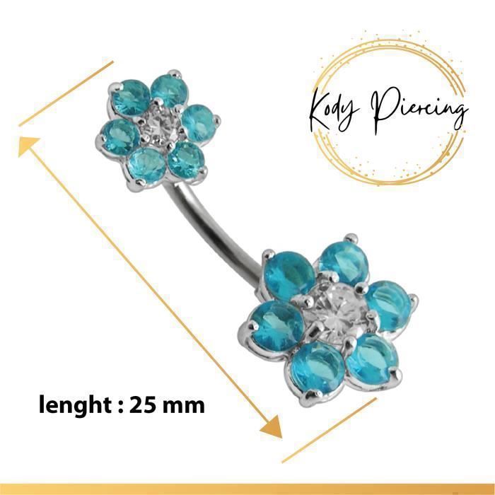 KODY PIERCING Piercing Nombril Double Fleur Argent 925 Bleu Turquoise Tige 10 mm - Raffinement Bohème et Éclat Intempore