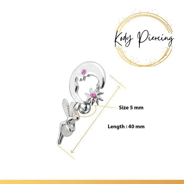 KODY PIERCING Piercing Nombril Inversé Fée Lune Cristal Rose Argent 925 - Douceur Romantique et Éclat Intemporel