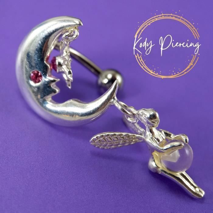 KODY PIERCING Piercing Nombril Inversé Fée Lune Cristal Rose Argent 925 - Douceur Romantique et Éclat Intemporel