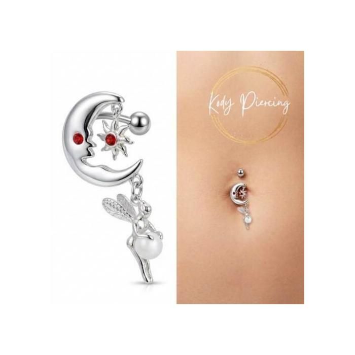 KODY PIERCING Piercing Nombril Inversé Fée Lune Cristal Rose Argent 925 - Douceur Romantique et Éclat Intemporel