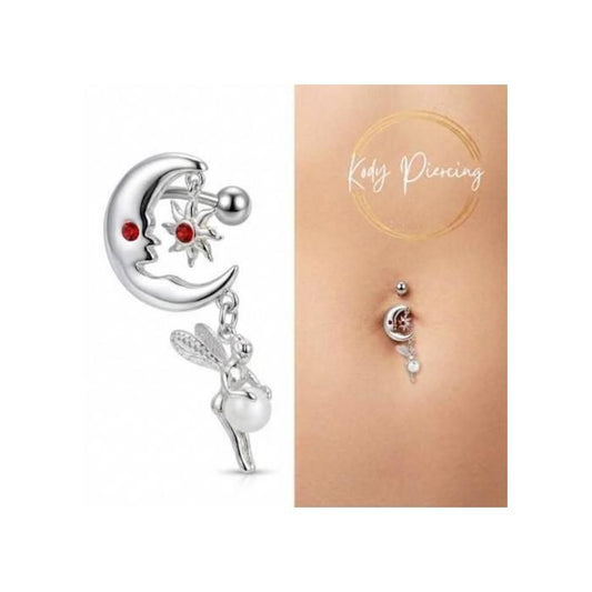 KODY PIERCING Piercing Nombril Inversé Fée Lune Cristal Rose Argent 925 - Douceur Romantique et Éclat Intemporel