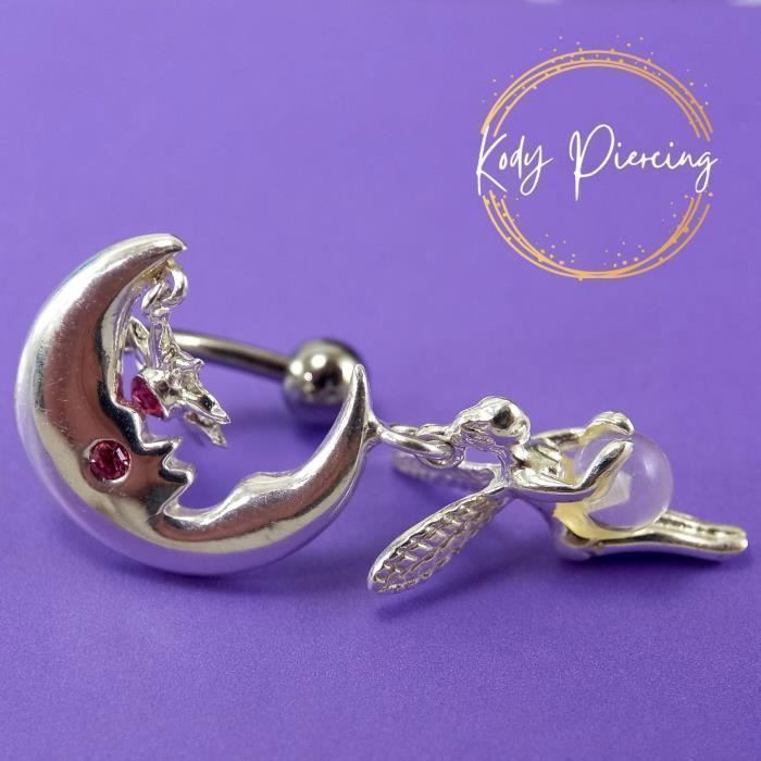 KODY PIERCING Piercing Nombril Inversé Fée Lune Cristal Rose Argent 925 - Douceur Romantique et Éclat Intemporel