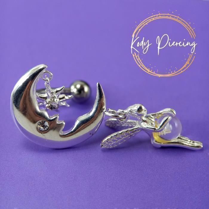 KODY PIERCING Piercing Nombril Inversé Fée Lune Cristal Blanc Argent 925 - Pureté Cristalline et Grâce Souveraine