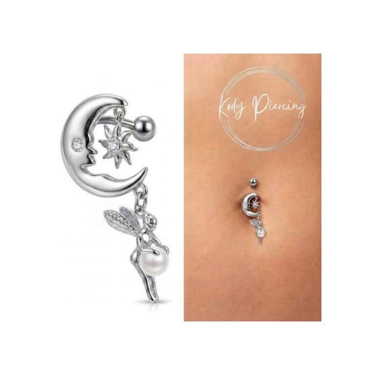 KODY PIERCING Piercing Nombril Inversé Fée Lune Cristal Blanc Argent 925 - Pureté Cristalline et Grâce Souveraine