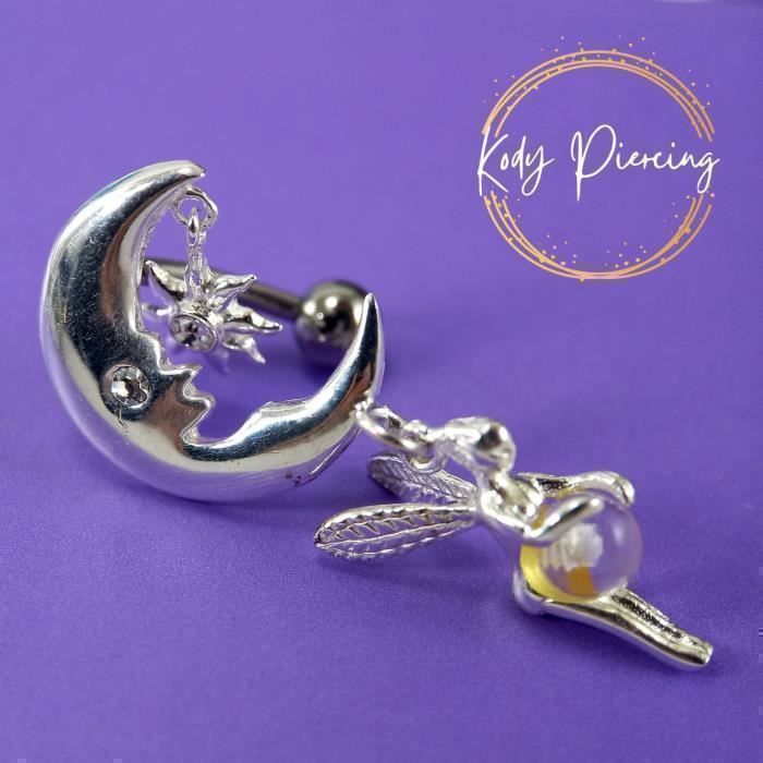 KODY PIERCING Piercing Nombril Inversé Fée Lune Cristal Blanc Argent 925 - Pureté Cristalline et Grâce Souveraine