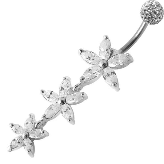 KODY PIERCING Piercing Nombril Inversé Argent 925 Triple Fleur Zircon Blanc Boule Cristal 8mm – Raffinement Bohème et Co