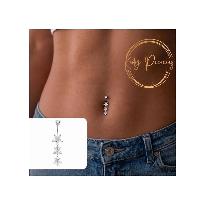 KODY PIERCING Piercing Nombril Inversé Argent 925 Triple Fleur Pendant Zircon Blanc – Douceur Romantique et Éclat Intemp