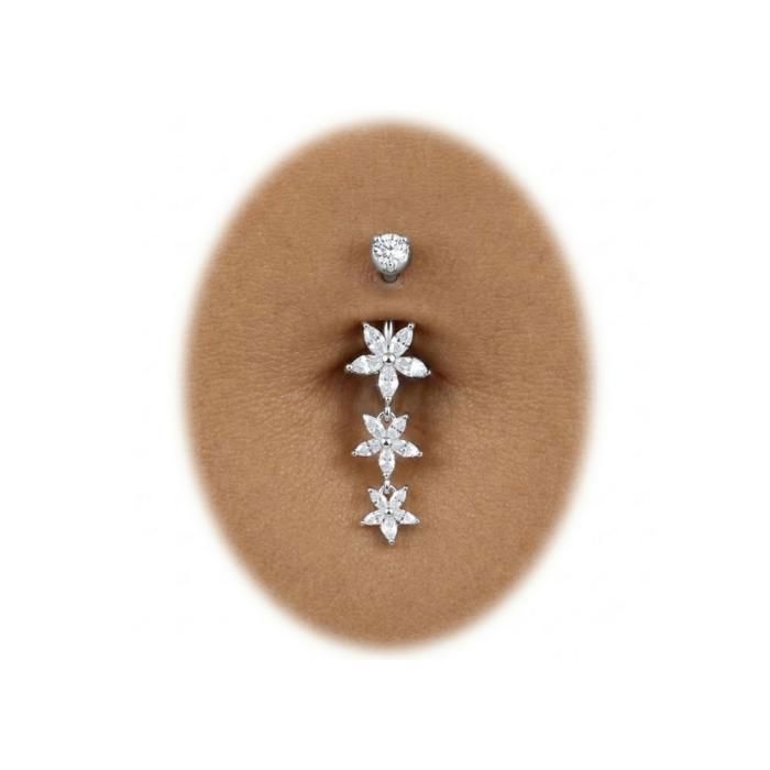 KODY PIERCING Piercing Nombril Inversé Argent 925 Triple Fleur Pendant Zircon Blanc – Douceur Romantique et Éclat Intemp