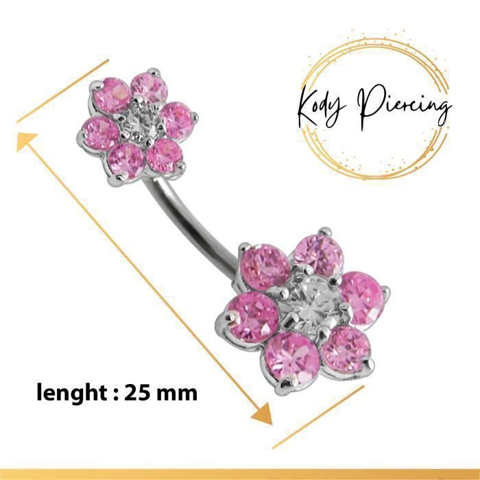 KODY PIERCING Piercing Nombril Double Fleur Argent 925 Rose Cristal Tige 10 mm - Douceur Romantique et Éclat Intemporel