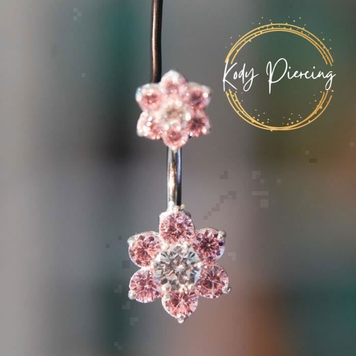 KODY PIERCING Piercing Nombril Double Fleur Argent 925 Rose Cristal Tige 10 mm - Douceur Romantique et Éclat Intemporel