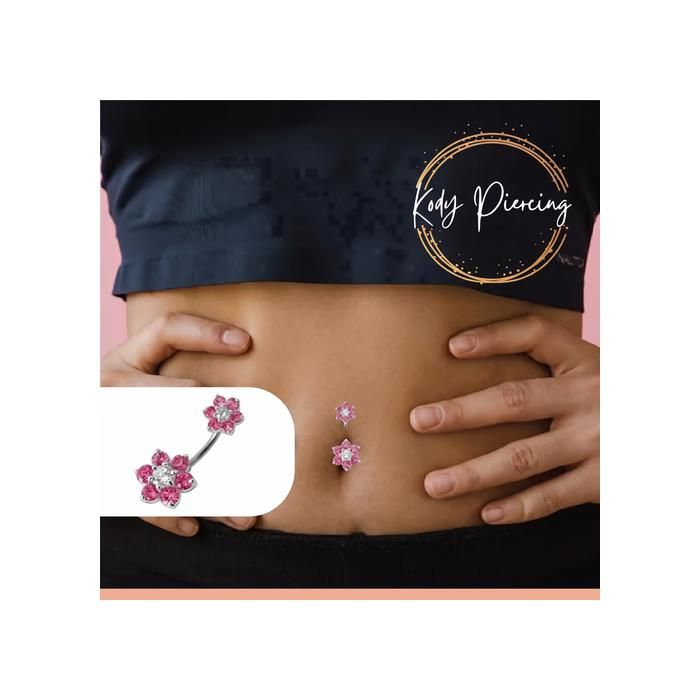 KODY PIERCING Piercing Nombril Double Fleur Argent 925 Rose Cristal Tige 10 mm - Douceur Romantique et Éclat Intemporel