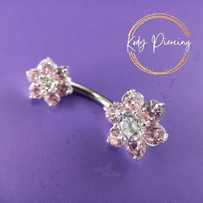 KODY PIERCING Piercing Nombril Double Fleur Argent 925 Rose Cristal Tige 10 mm - Douceur Romantique et Éclat Intemporel