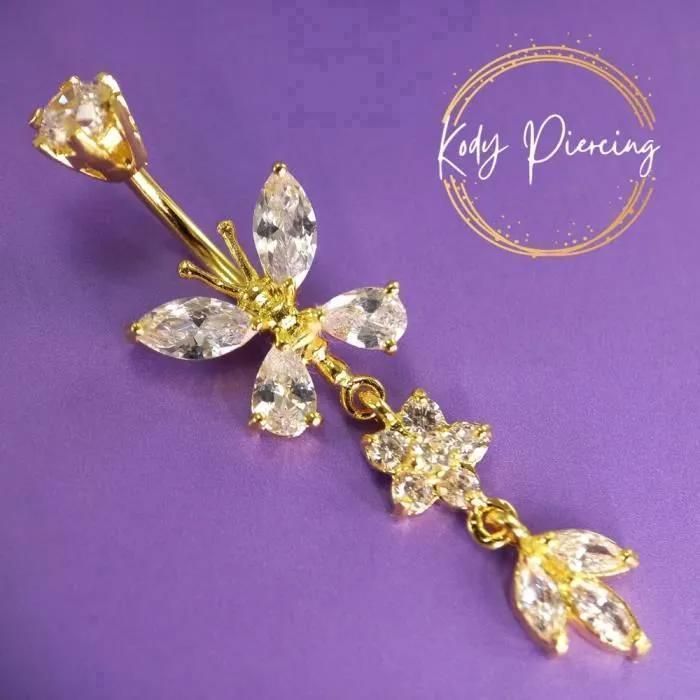 KODY PIERCING Piercing de Nombril KODY PIERCING Papillon Pendant Plaqué Or 18 Carats Cristaux Blancs Tige 10 mm 14G – Do