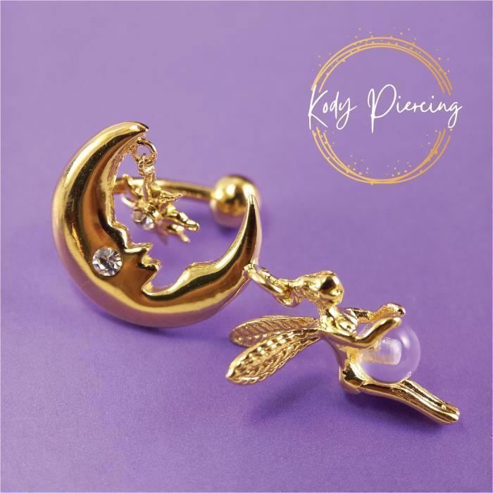 KODY PIERCING Piercing Nombril Inversé Fée Lune Plaqué Or Jaune 18 Carats - Douceur Romantique et Éclat Intemporel