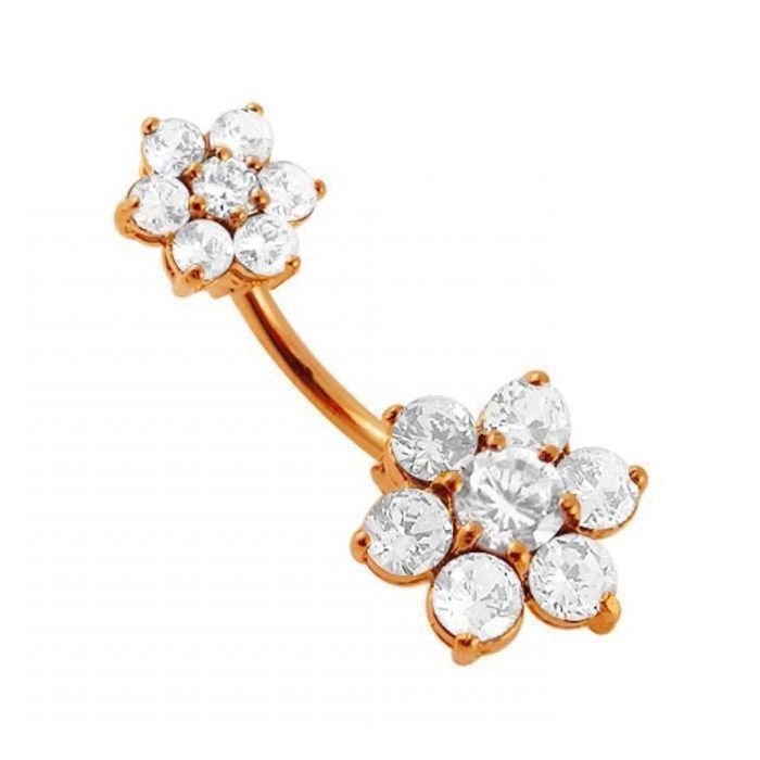 KODY PIERCING Piercing Nombril Double Fleur Cristal Plaqué Or Rose 18 Carats Tige 10 mm - Douceur Romantique et Éclat In