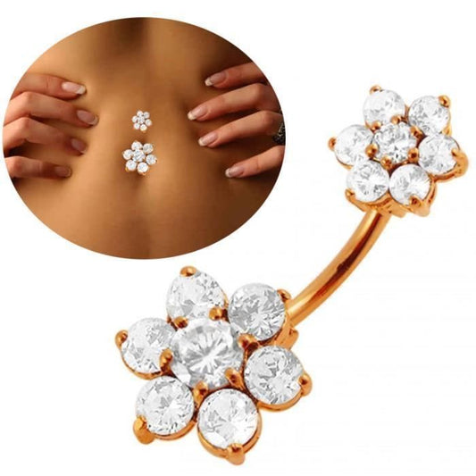 KODY PIERCING Piercing Nombril Double Fleur Cristal Plaqué Or Rose 18 Carats Tige 10 mm - Douceur Romantique et Éclat In