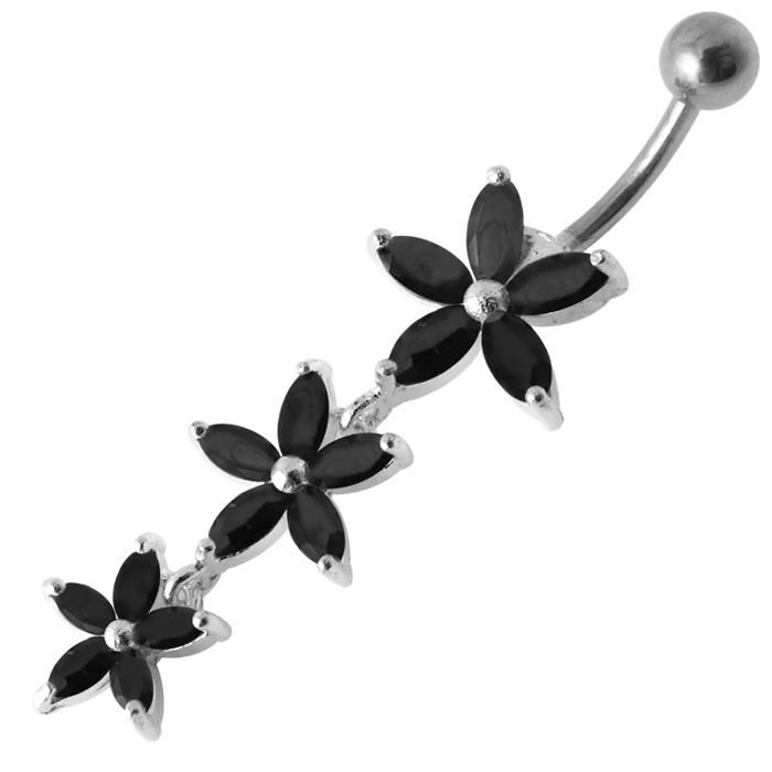 KODY PIERCING Nombril Pendant 3 Fleurs Argent 925 Zirconium Noir Serti — Cascade Florale Élégante