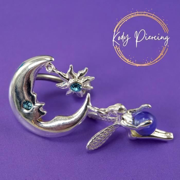 KODY PIERCING Piercing Nombril Inversé Fée Lune Cristal Turquoise Argent 925 - Élégance Poétique et Légèreté Absolue