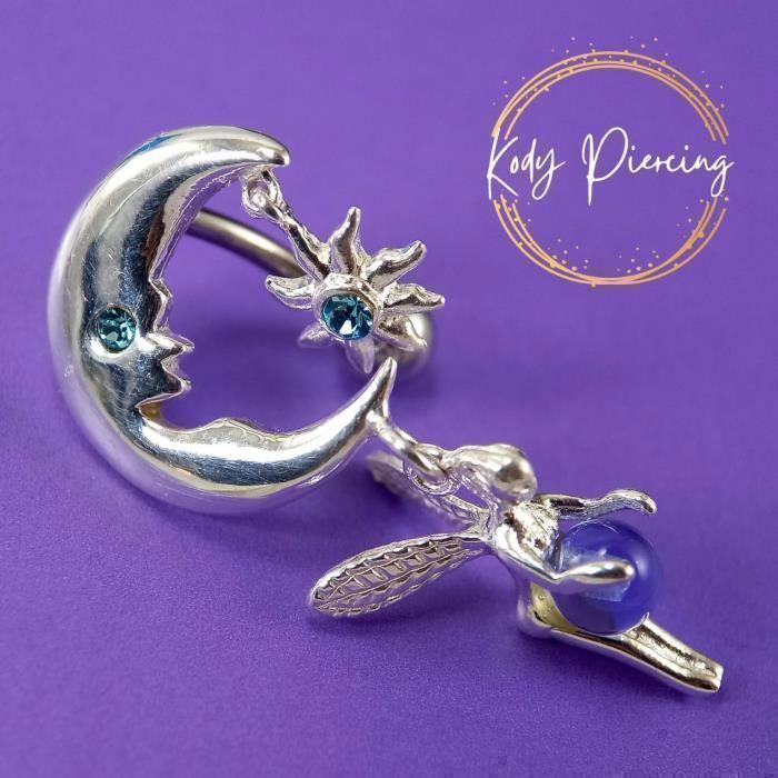 KODY PIERCING Piercing Nombril Inversé Fée Lune Cristal Turquoise Argent 925 - Élégance Poétique et Légèreté Absolue