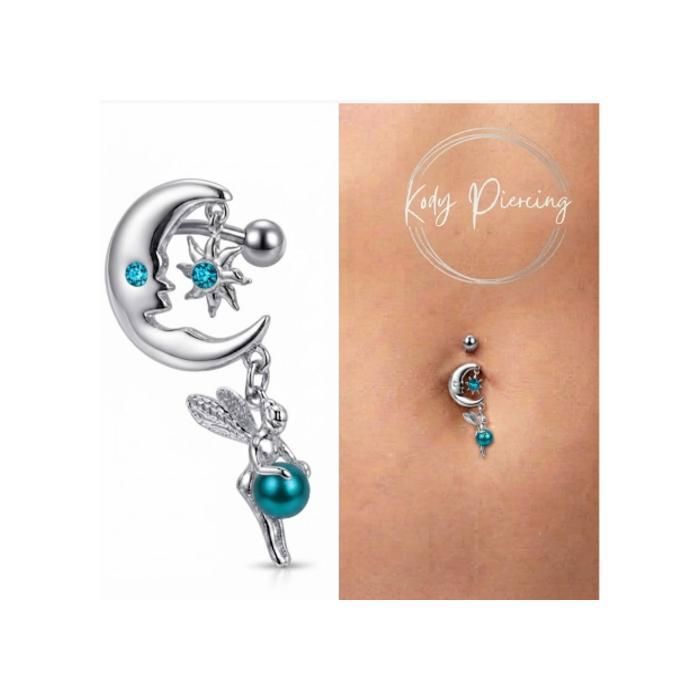 KODY PIERCING Piercing Nombril Inversé Fée Lune Cristal Turquoise Argent 925 - Élégance Poétique et Légèreté Absolue