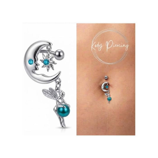KODY PIERCING Piercing Nombril Inversé Fée Lune Cristal Turquoise Argent 925 - Élégance Poétique et Légèreté Absolue