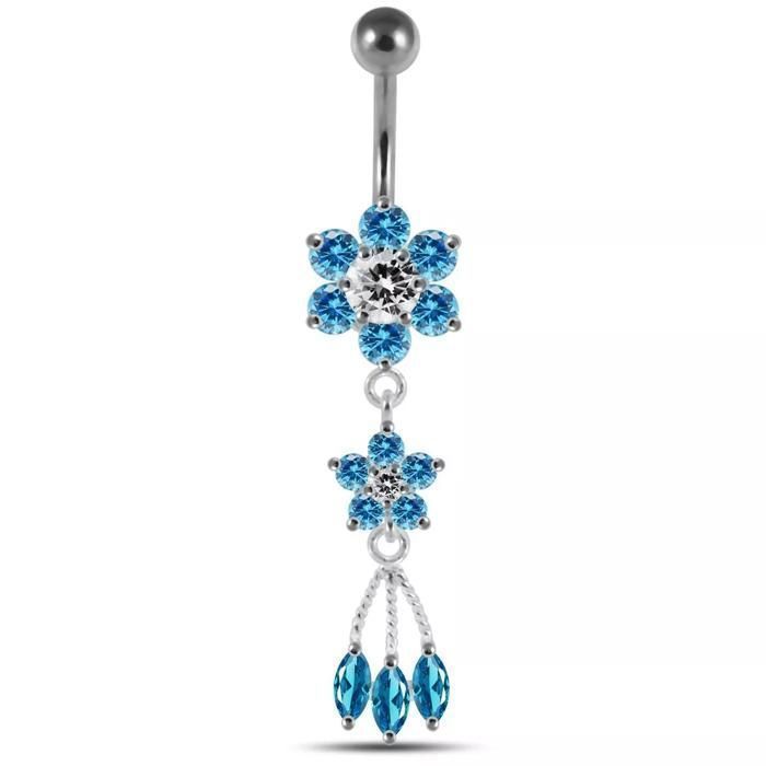 KODY PIERCING Piercing Nombril Banane Argent 925 Cristaux Bleu Turquoise Double Fleur Pampille Élégant