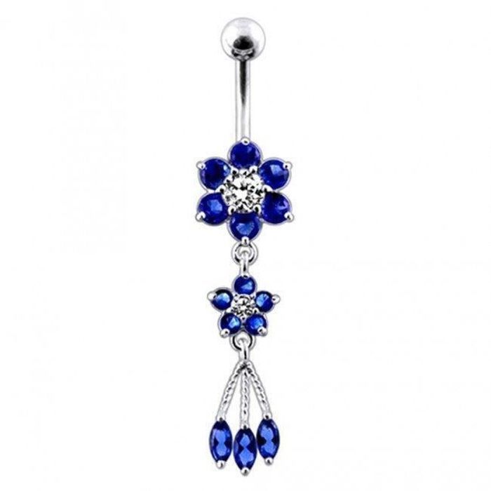 KODY PIERCING Piercing Nombril Banane 2 Fleurs Pendantes Pampilles Cristaux Bleu Argent 925 Raffiné 10mm