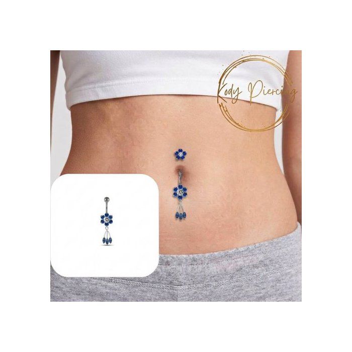 KODY PIERCING Piercing Nombril Banane 2 Fleurs Pendantes Pampilles Cristaux Bleu Argent 925 Raffiné 10mm