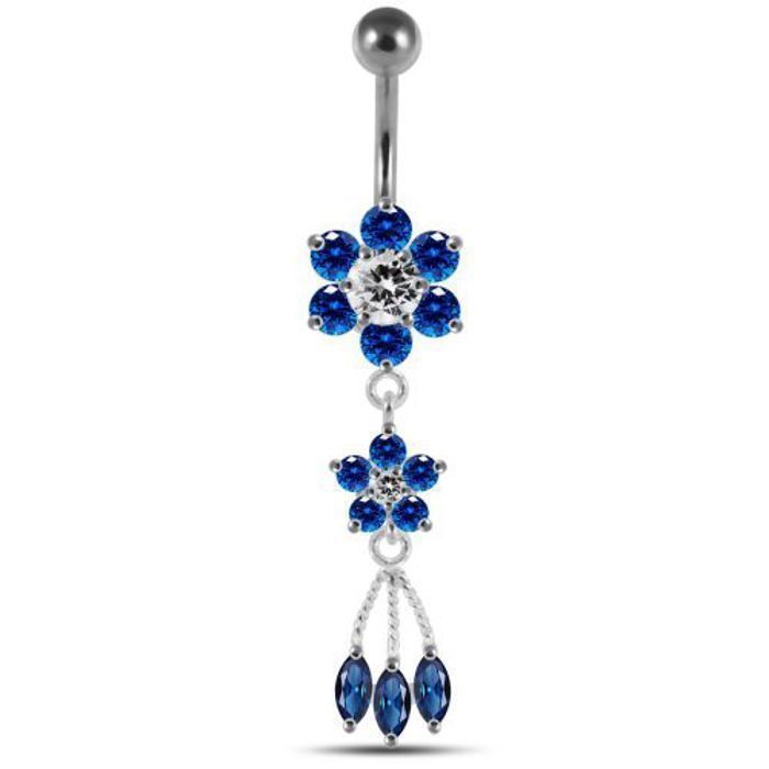 KODY PIERCING Piercing Nombril Banane 2 Fleurs Pendantes Pampilles Cristaux Bleu Argent 925 Raffiné 10mm