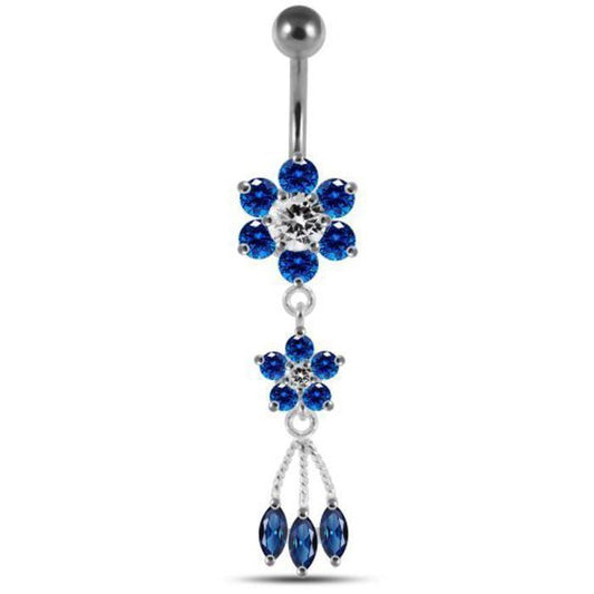 KODY PIERCING Piercing Nombril Banane 2 Fleurs Pendantes Pampilles Cristaux Bleu Argent 925 Raffiné 10mm