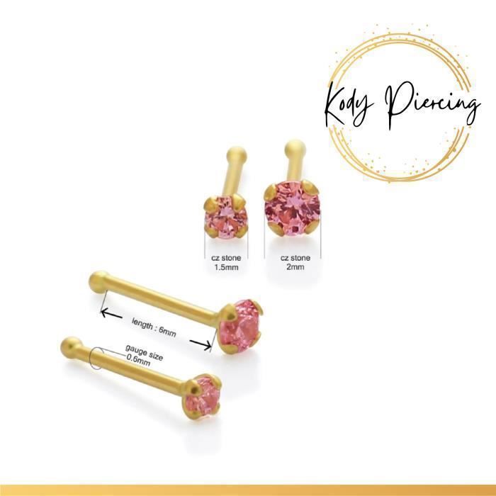 KODY PIERCING Piercing Nez Or 14K Massif - Zircon Rose 1,5 mm Éclat Rose Tendre - Tige 6 mm Bijou Chic