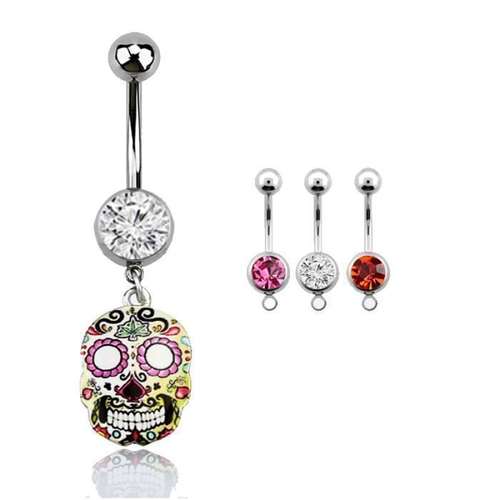 KODY PIERCING Piercing Nombril Crâne Mexicain Pendentif Zircon Cristal Acier Chirurgical – Pureté Cristalline et Grâce S