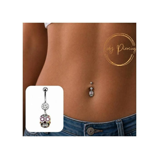KODY PIERCING Piercing Nombril Crâne Mexicain Pendentif Zircon Cristal Acier Chirurgical – Pureté Cristalline et Grâce S