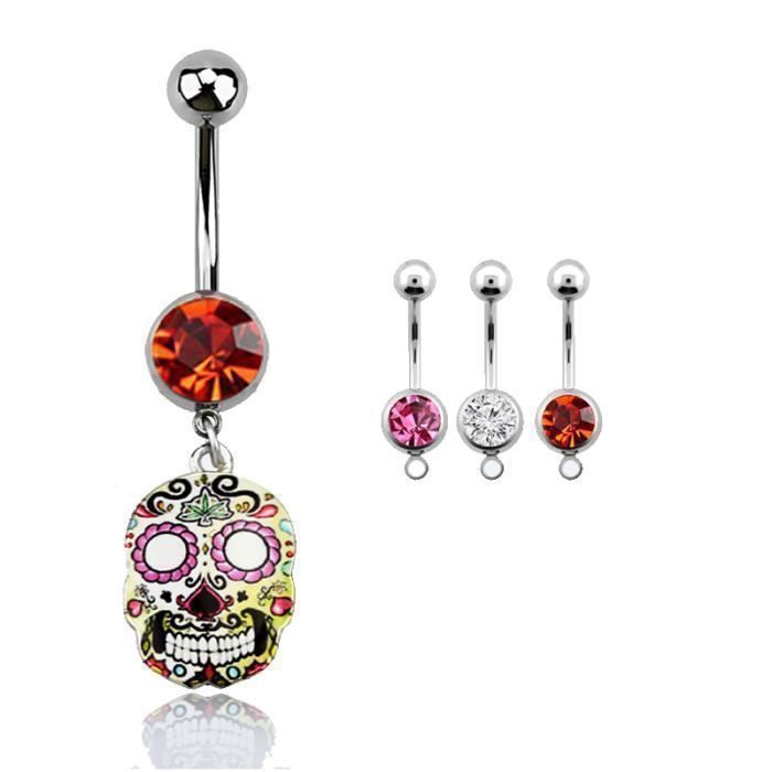 KODY PIERCING Piercing Nombril Crâne Mexicain Pendentif Zircon Acier Chirurgical – Style Affirmé et Éclat Festif