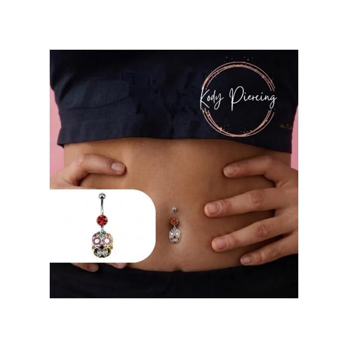 KODY PIERCING Piercing Nombril Crâne Mexicain Pendentif Zircon Acier Chirurgical – Style Affirmé et Éclat Festif