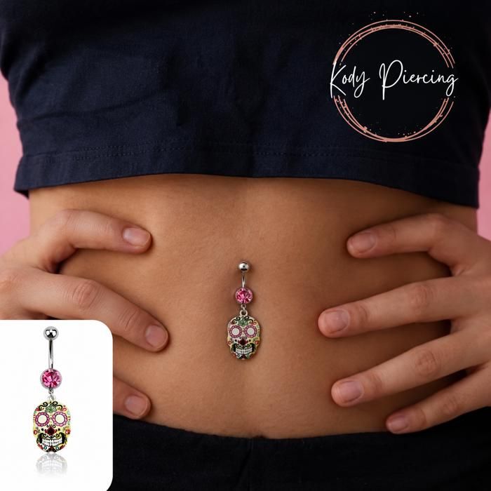 KODY PIERCING Piercing Nombril Crâne Mexicain Cristal Rose Violet | Douceur Romantique et Éclat Festif