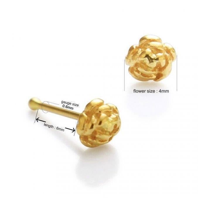 KODY PIERCING Piercing Nez KODY Or Jaune 14 Carats Motif Rose Boule 22G 6 mm - Douceur Florale et Éclat Romantique