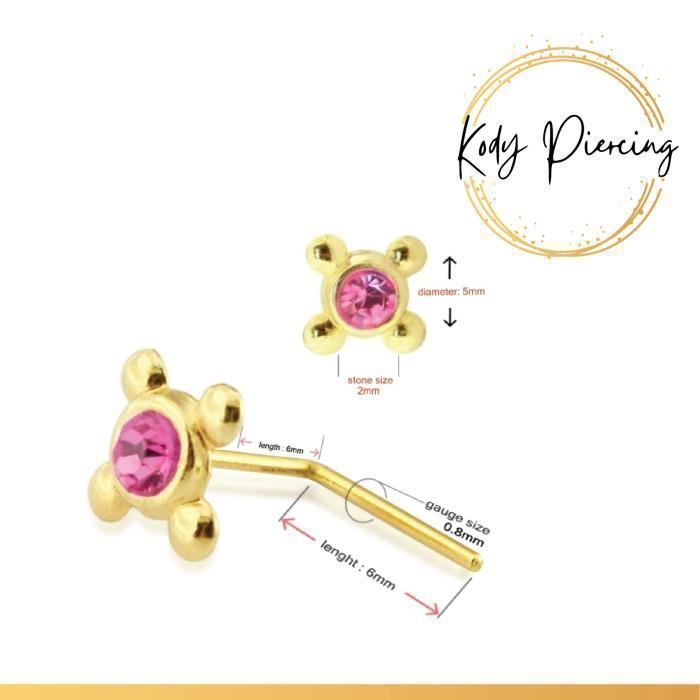 KODY PIERCING Piercing Nez Or 9 Carats Zircon Fushia Tige L 6 mm - Douceur Romantique et Éclat Vibrant