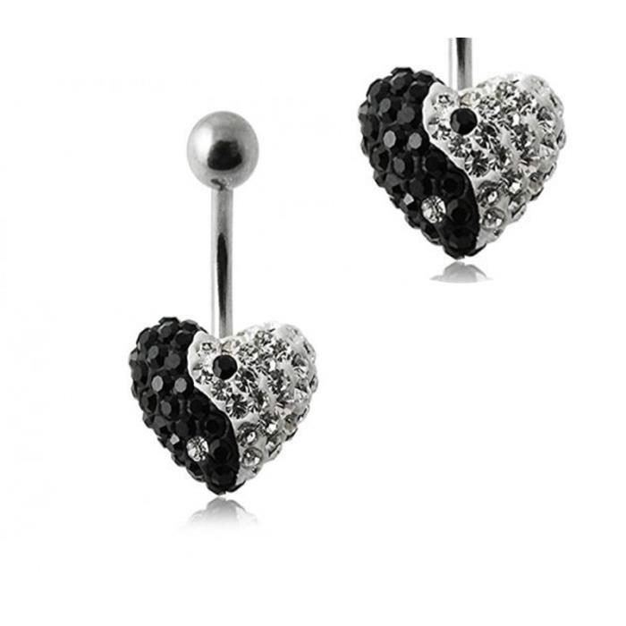 KODY PIERCING Bijou Piercing Nombril Cœur Yin Yang Noir Cristaux - Pureté Cristalline et Grâce Souveraine